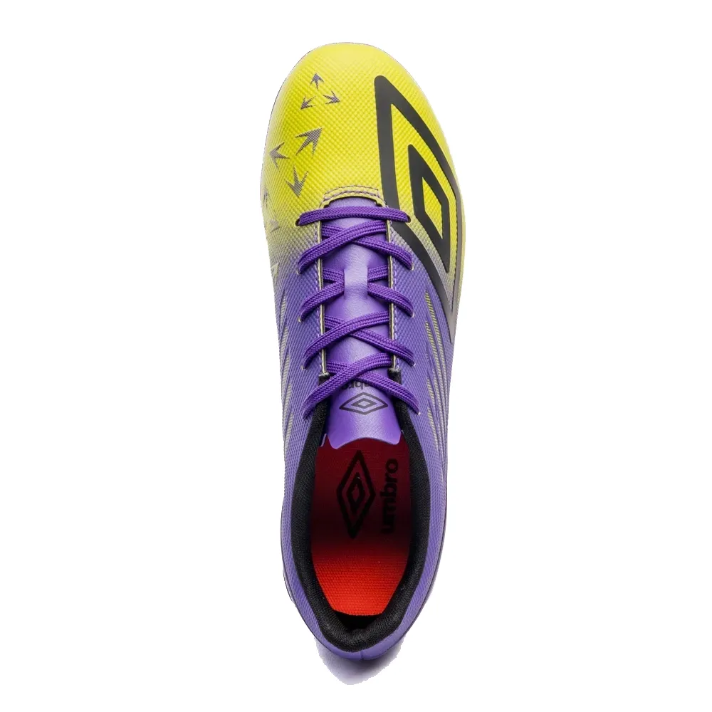 Chuteira Umbro Velocita masculina em roxo e verde limão com detalhes esportivos